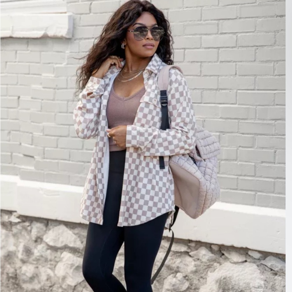 Pink Lily In Those Days Tan Checkered Knit Shacket